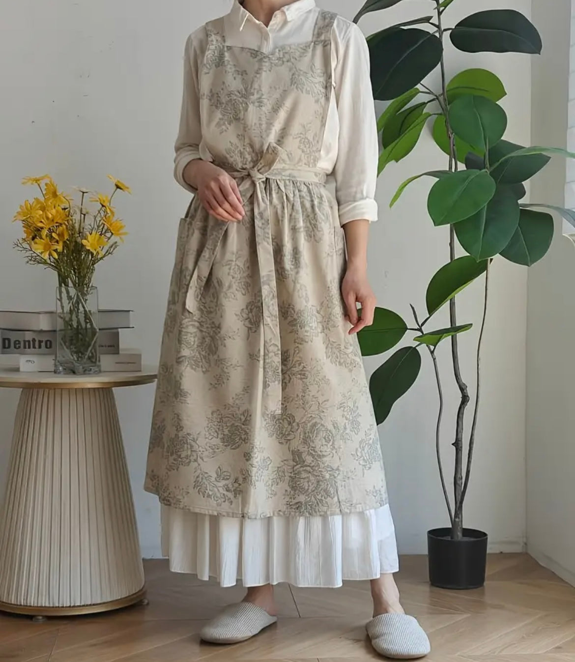 Beige vintage floral print apron